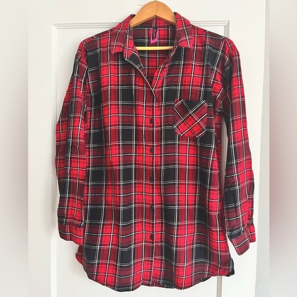 La Senza Red black Flannel Cotton night shirt night gown front button Pyjamas M - Picture 5 of 6